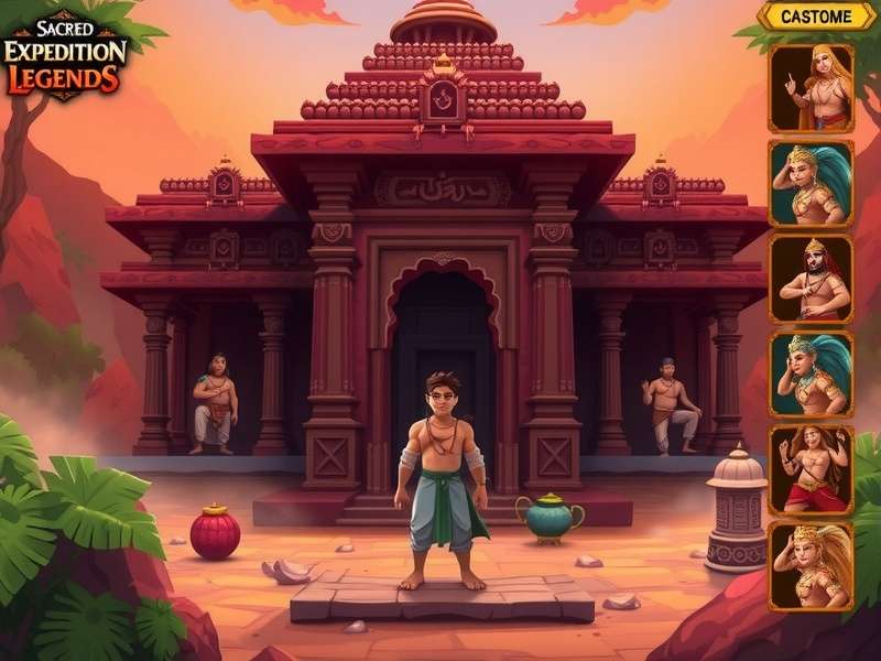 Sacred Expedition Legends gameplay screenshot showing character in ancient Indian temple