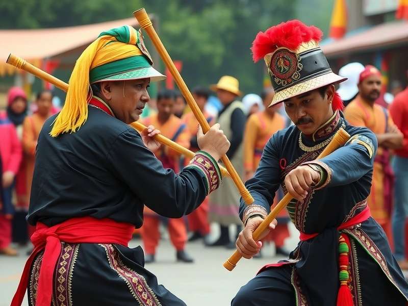 Traditional Lathmar Dominant Challenger equipment including bamboo sticks and protective gear