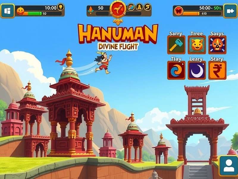 Cultural elements in Hanuman Divine Flight showing traditional architecture and symbols