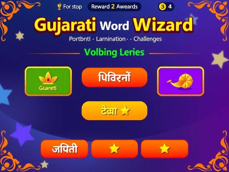 Gujarati Word Wizard gameplay interface showing vocabulary challenges