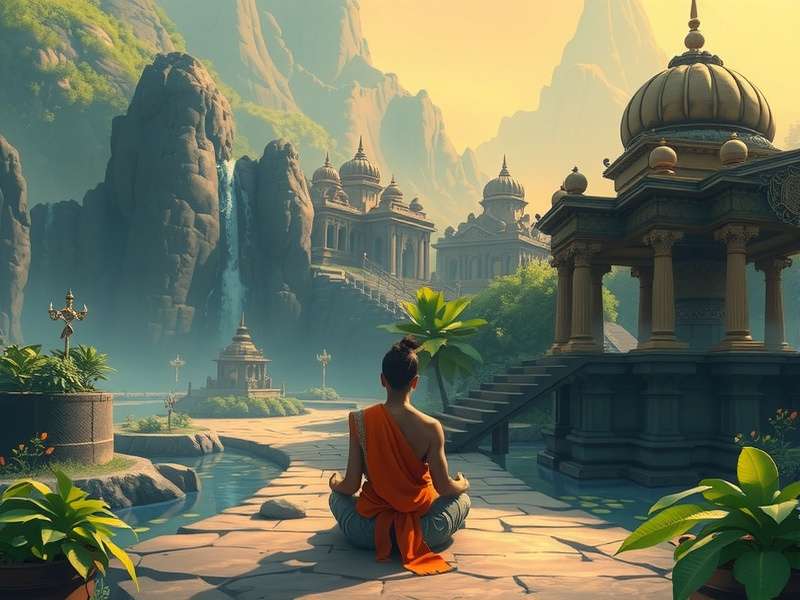 Yogi SSpellbound Trail mystical landscape with ancient temples and spiritual elements