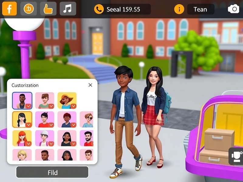 Avakin Campus Fun gameplay screenshot showing virtual campus environment