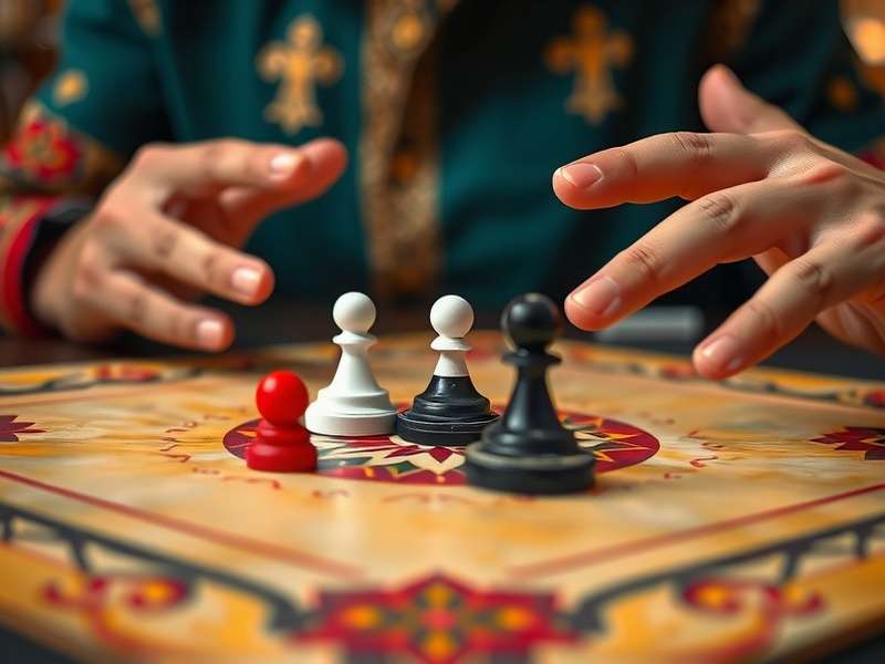 Close-up of Carrom pieces including striker, black, white and red queen
