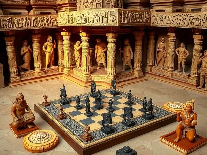 Ancient Indian temple carvings showing Pandya Protector gameplay scenes