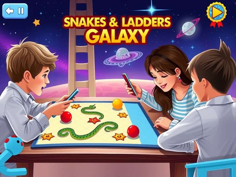 Digital interface of Snakes And Ladders Galaxy showing cosmic theme and game board