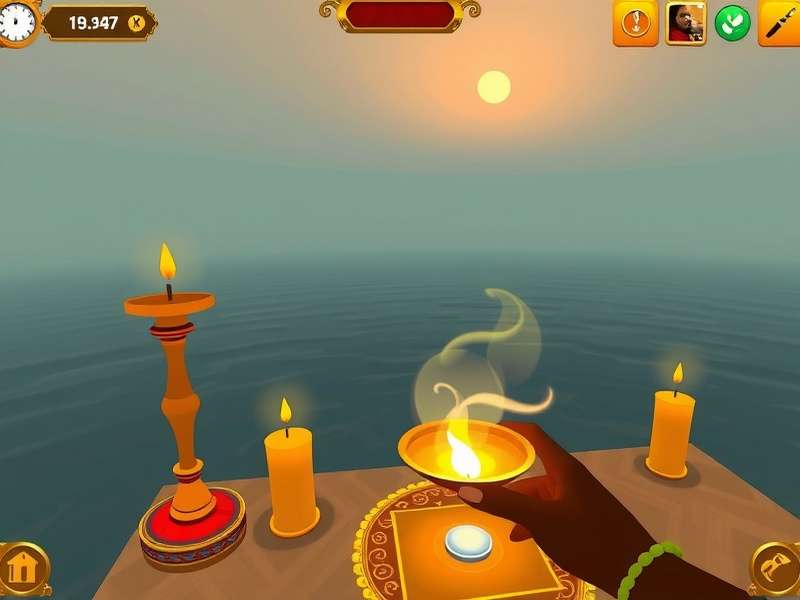 Ganges Worship Path gameplay showing virtual Ganga Aarti ceremony