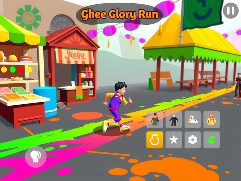 Ghee Glory Run gameplay screenshot showing character running through Indian market