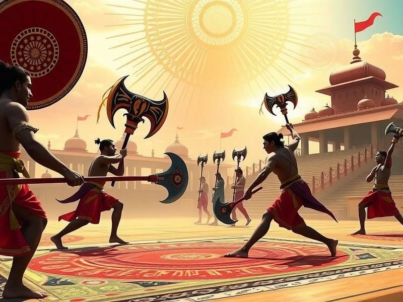 Ancient depiction of Surya Radiance Mace gameplay in traditional Indian art