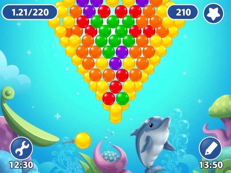 Dolphin Bubble Bliss gameplay screenshot showing colorful bubbles and dolphin character