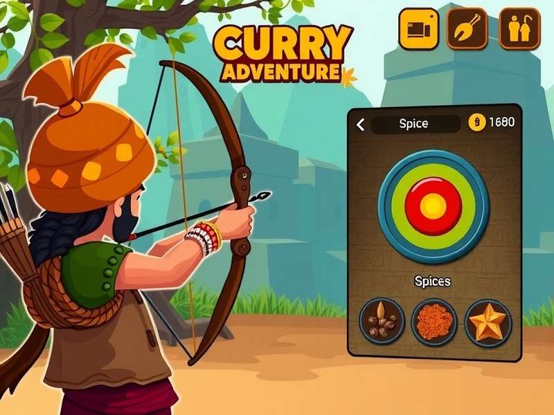 Curry Archery Adventure gameplay showing character aiming bow at spice targets