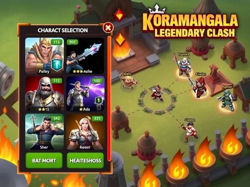 Character selection screen showing various heroes available in Koramangala Legendary Clash